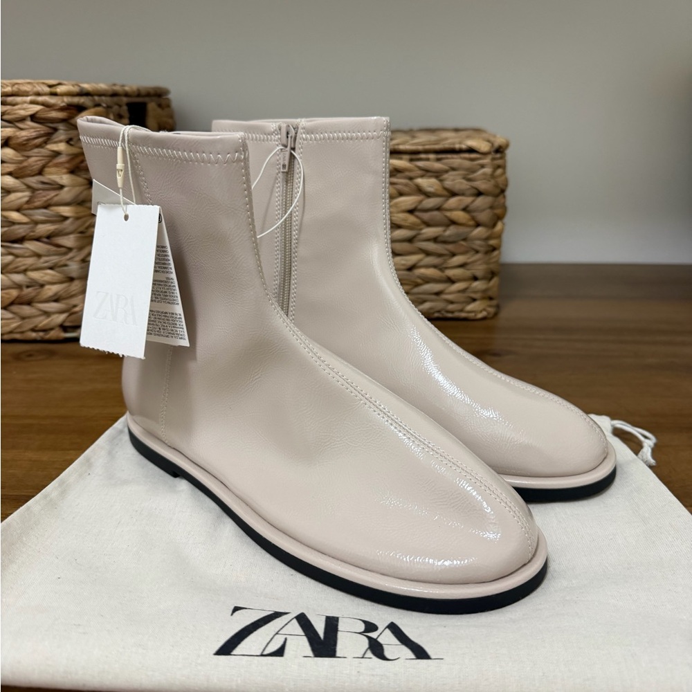 Zara Patent Ankle Boots in Light Cream.